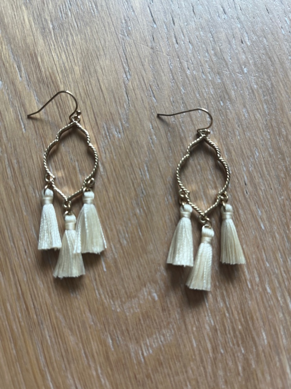 Gold-Tone Hoop Earrings with Cream Tassels - Women Jewelry